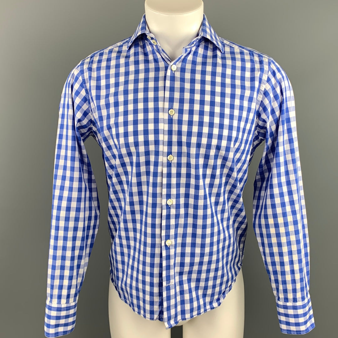 EREDI PISANO Size S Blue & White Checkered Cotton Button Up Long Sleeve Shirt