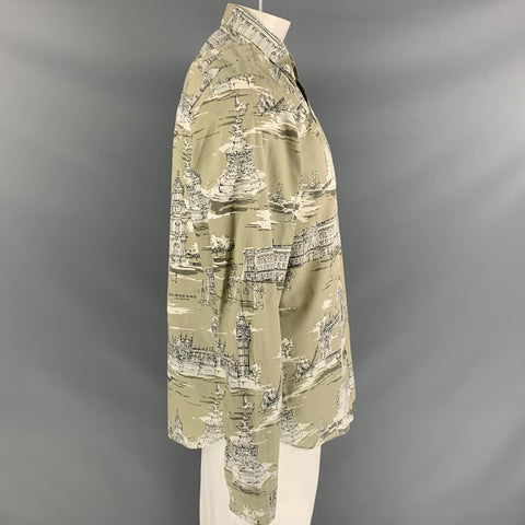 BURBERRY PRORSUM Fall 2014 Size XL Taupe & Beige London Landmark Print Cotton Silk Long Sleeve Shirt