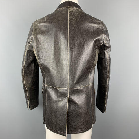 NEIL BARRETT Size M Brown Distressed Leather Notch Lapel Blazer