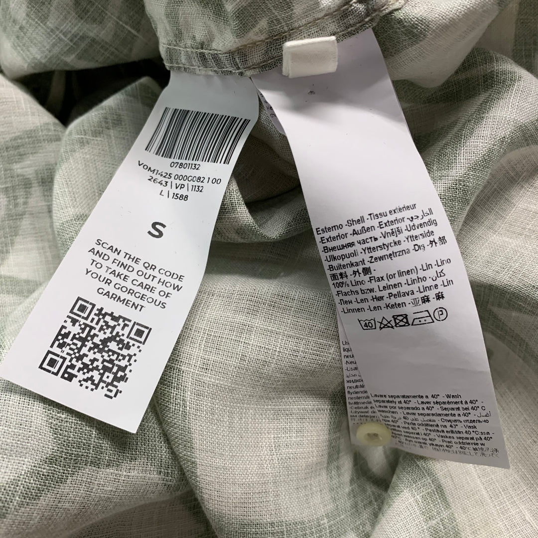 120% LINO Size S Green White Print Linen Button Up Long Sleeve Shirt