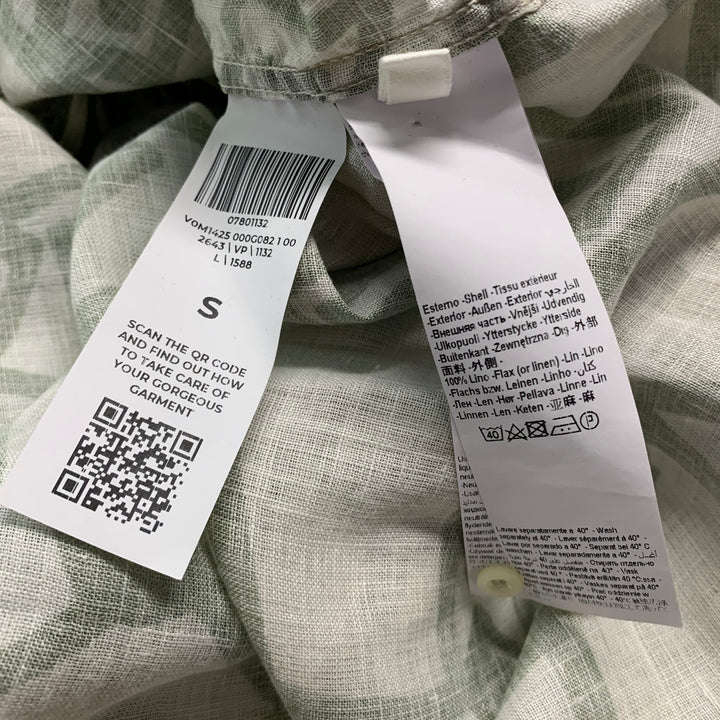 120% LINO Size S Green White Print Linen Button Up Long Sleeve Shirt