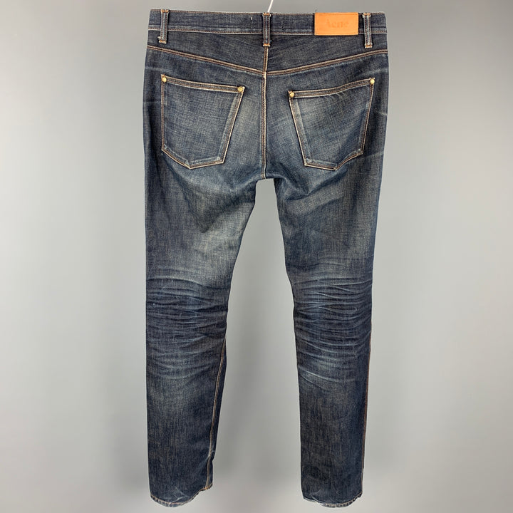 ACNE Size 32 Dark blue Distressed Cotton Zip Fly Jeans
