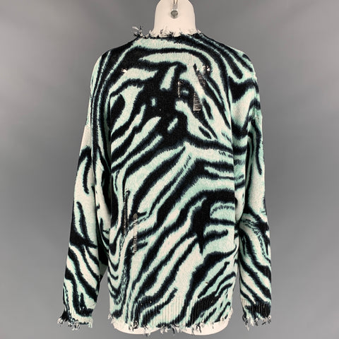 R13 Size XS Aqua & Black Zebra Print Cotton Distressed Oversized Pullover