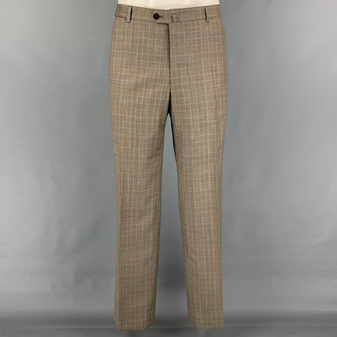 ISAIA Size 48 Long Taupe Plaid Wool Notch Lapel Suit