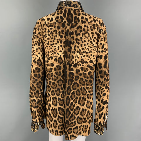 DOLCE & GABBANA Size S Tan Brown Viscose Blend Animal Print Hidden Placket Shirt