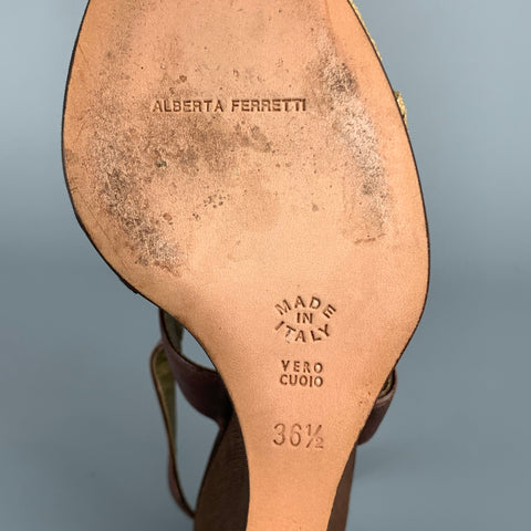 ALBERTA FERRETTI Talla 6.5 Sandalias de cuña de cuero de seda marrón y beige