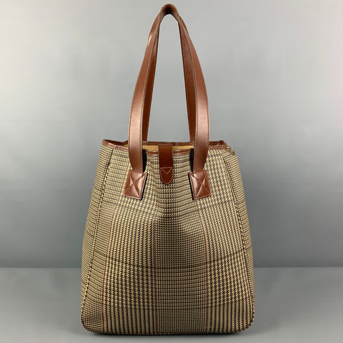 Vintage RALPH LAUREN Beige Brown Plaid Leather Trim Canvas Tote Bag