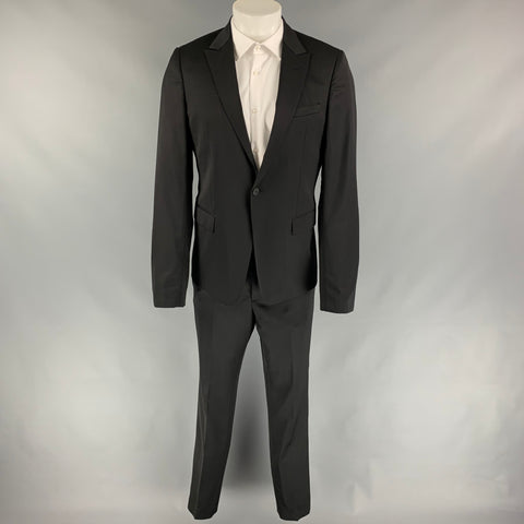 EMPORIO ARMANI Talla 40 Traje Negro Lana Virgen / Poliamida Solapa de Pico