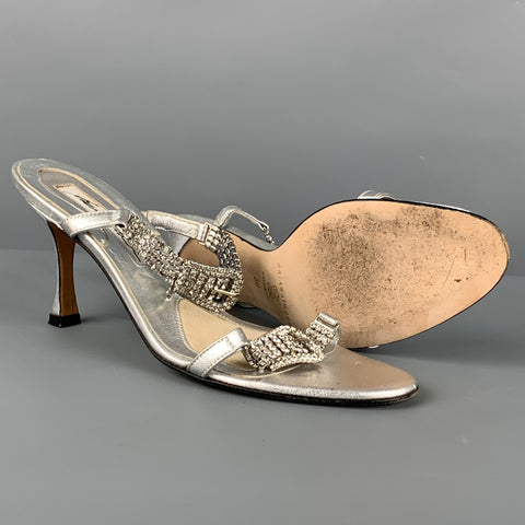 BRIAN ATWOOD Size 6 Silver Leather Rhinestone Strappy Sandals