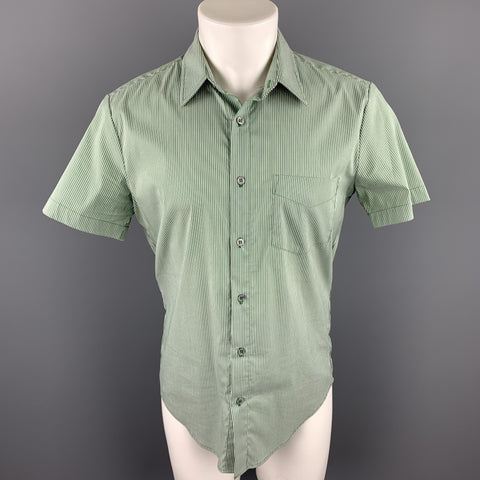 MR. TURK Size S Green Stripe Cotton Blend Button Up White Short Sleeve Shirt