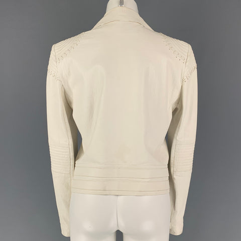 ROBERTO CAVALLI Chaqueta de moto con relieve de cuero blanco talla 10