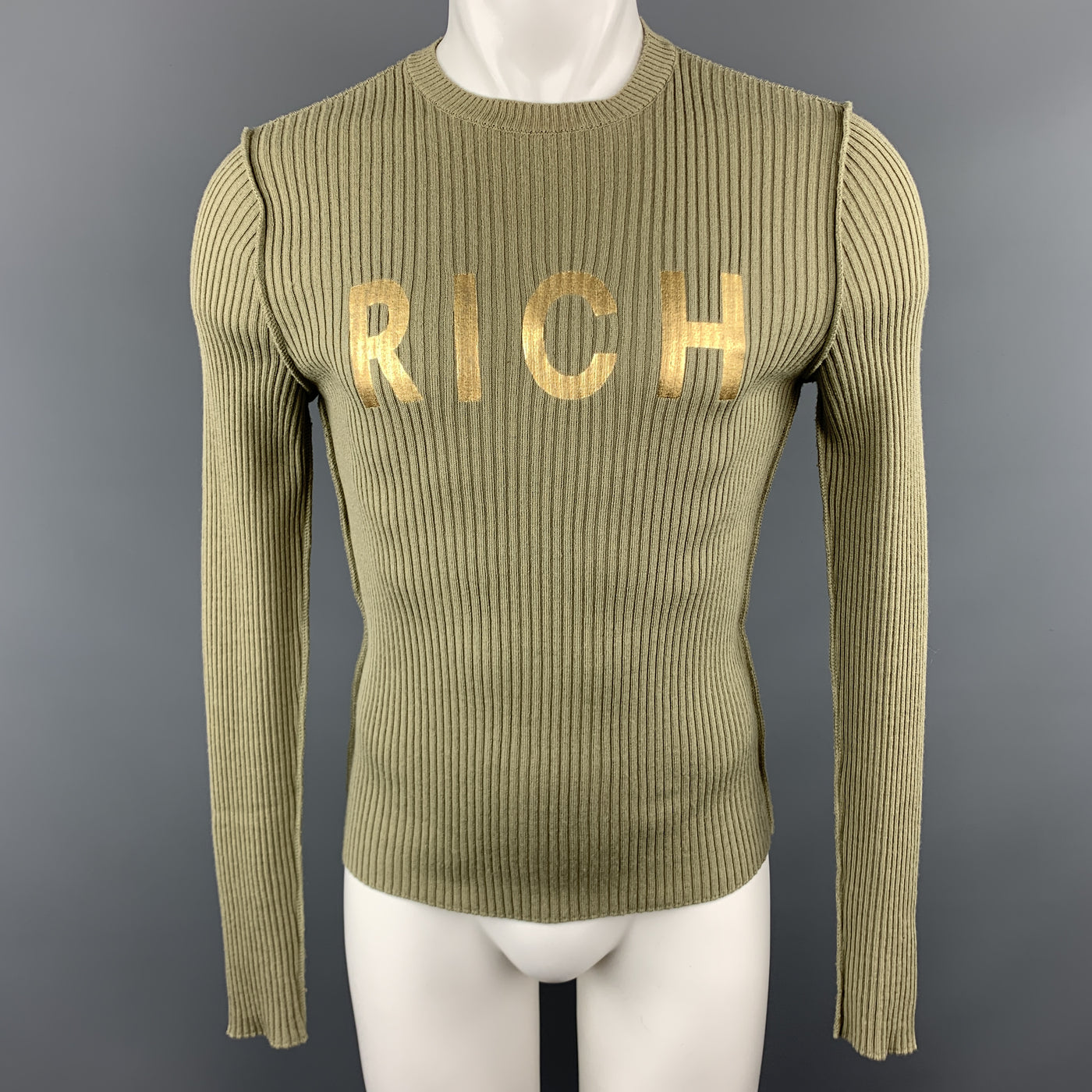 JOHN RICHMOND Size S Olive Ribbed Knit Gold Graphic Wool Blend Crew-Neck Pullover Sweater
