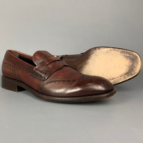 PRADA Size 10.5 Brown Perforated Leather Wingtip Slip On Loafers