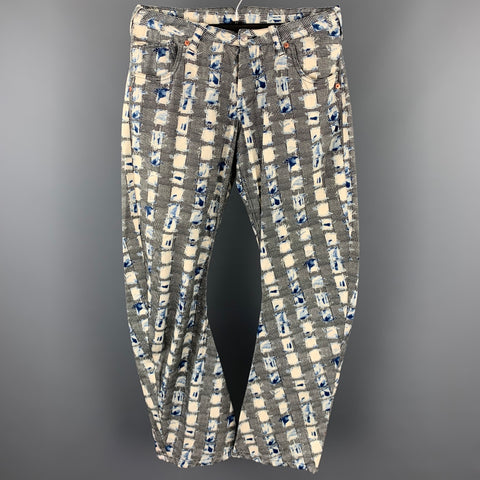 JOHN GALLIANO Size 32 Black & Blue Print Cotton Button Fly Curved Leg Pants