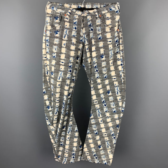 JOHN GALLIANO Size 32 Black & Blue Print Cotton Button Fly Curved Leg Pants