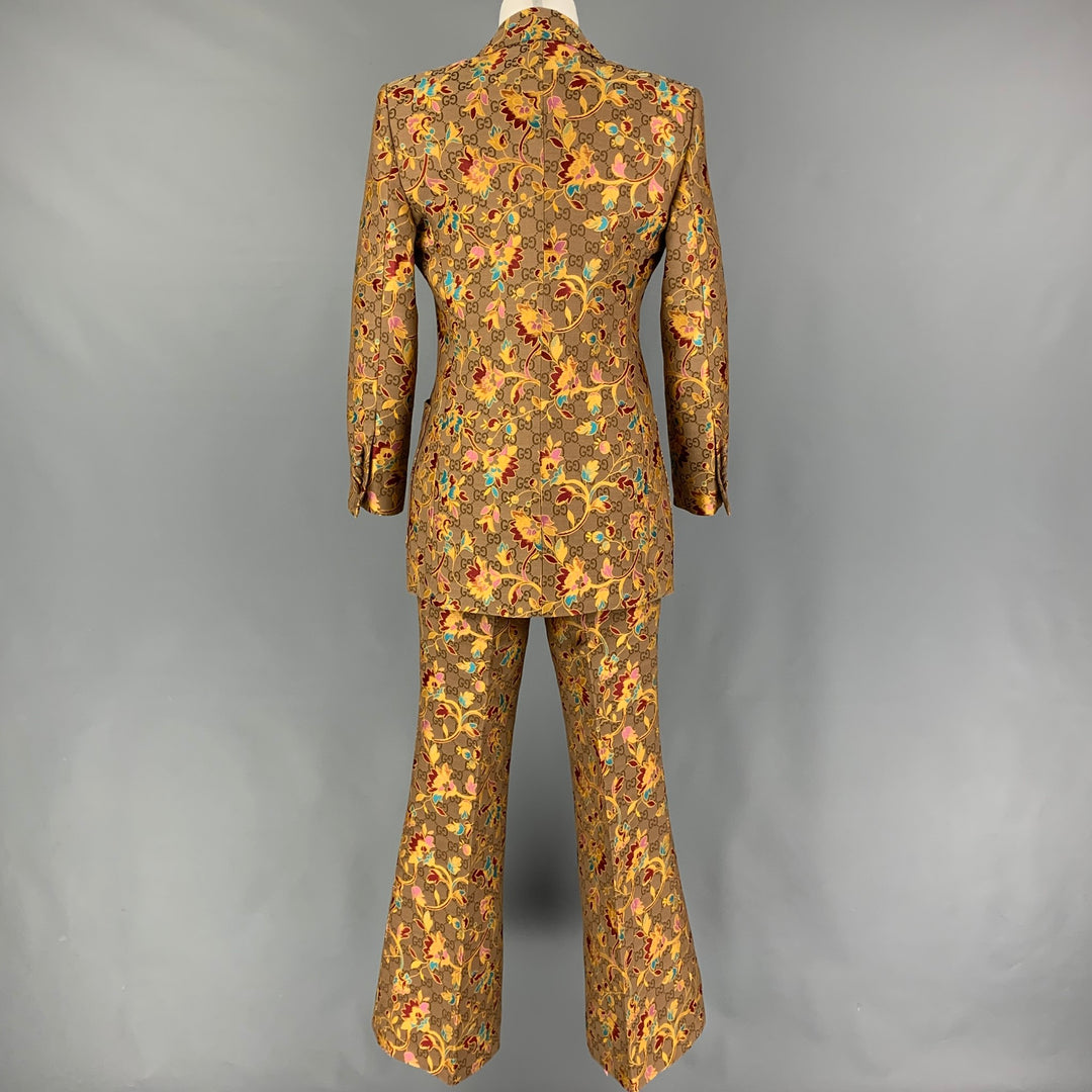 GUCCI Size 4 Tan Gold Brocade Floral Polyester Single Button Pants Suit