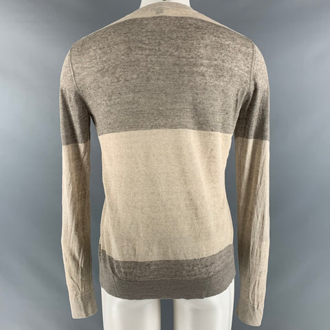 THEORY Size M Tan Stripe Linen Blend Crew-Neck Pullover