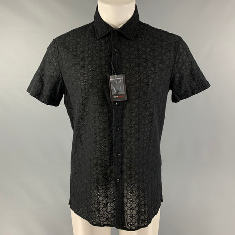 POSTMARC Size M Black Eyelet Cotton Button Up Short Sleeve Shirt
