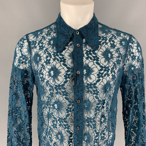 GUCCI S/S 16 Talla L Camisa de manga larga de mezcla de poliamida con encaje transparente verde azulado
