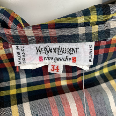 YVES SAINT LAURENT Cream Multi Color Plaid Taffeta Fringe Shawl