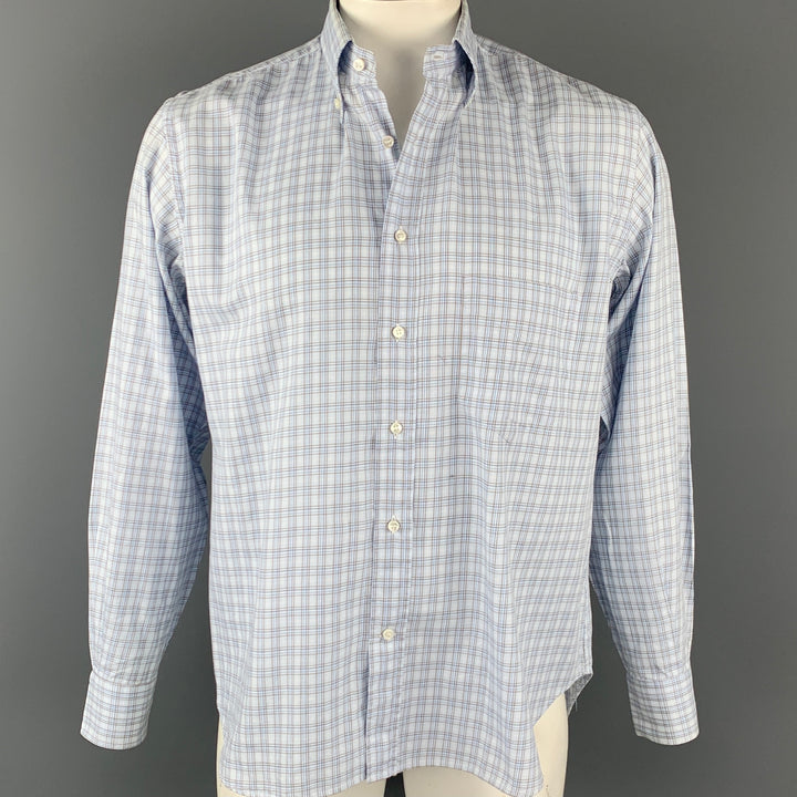 LORO PIANA Size L White & Light Blue Plaid Cotton Long Sleeve Shirt