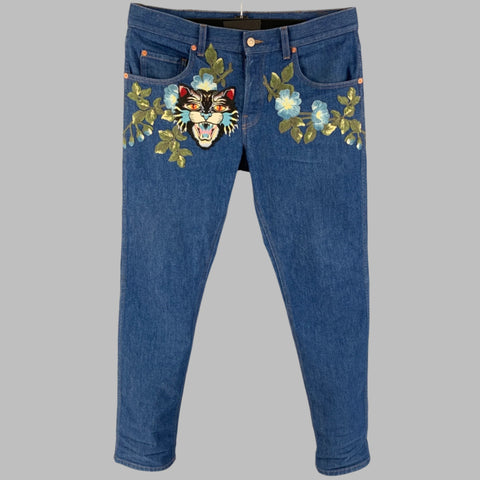 GUCCI Talla 34 Vaqueros rectos de mezclilla con bordado multicolor azul