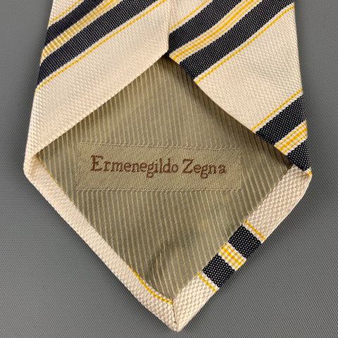 ERMENEGILDO ZEGNA Beige & Yellow Diagonal Stripe Silk / Cotton Tie