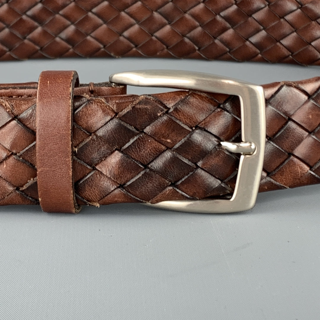 PAUL STUART Size 38 Woven Brown Leather Silver Tone Brass Buckle Belt