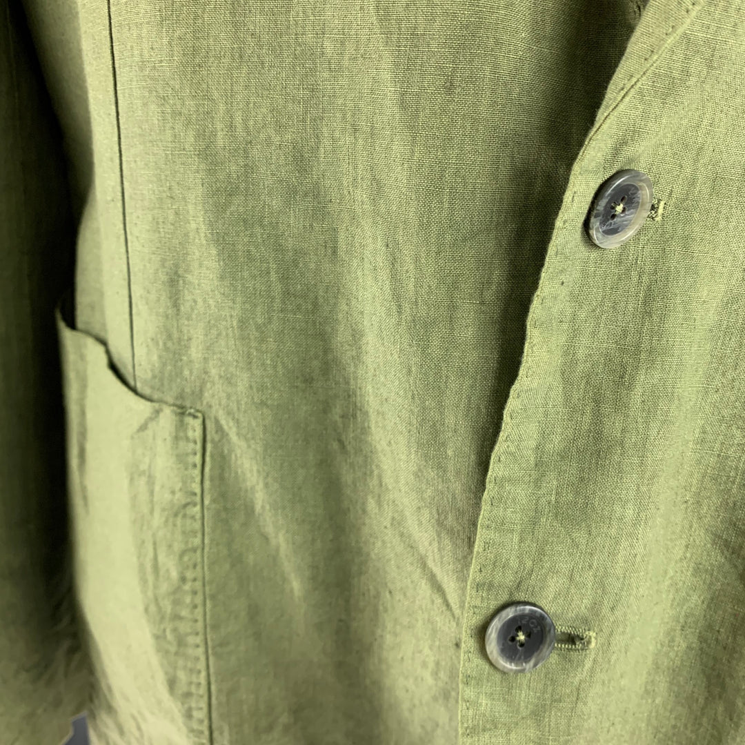 120% LINO Size 46 Green Solid Linen Notch Lapel Sport Coat