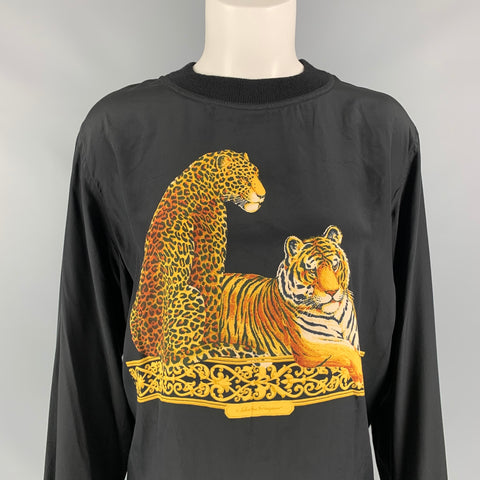 Vintage SALVATORE FERRAGAMO Size M Black & Beige Tiger Print Silk Blouse