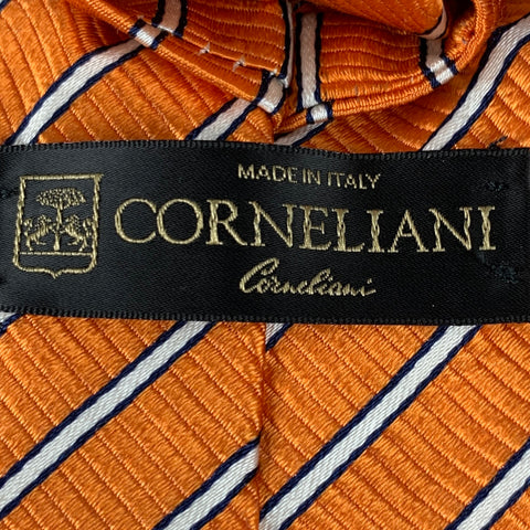 CORNELIANI Orange White Diagonal Stripe Silk Tie