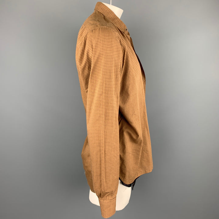 DRIES VAN NOTEN Size L Tan Window Pane Cotton / Cupro Vest Wrap Layered Long Sleeve Shirt