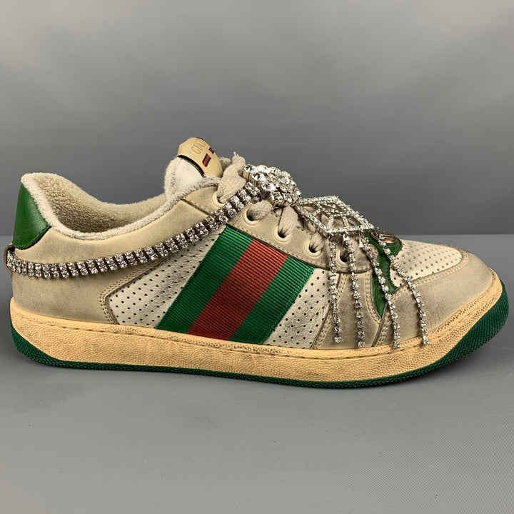 GUCCI Size 8 Off White Distressed Leather Lace Up Crystal Screener Sneakers