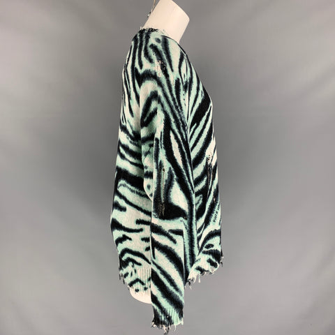 R13 Size XS Aqua & Black Zebra Print Cotton Distressed Oversized Pullover