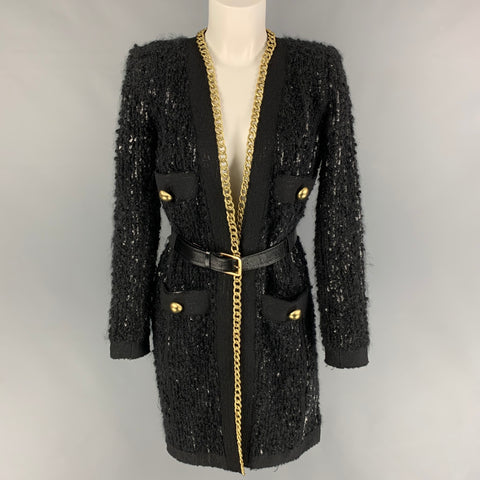 MARC JACOBS Abrigo con cinturón de tweed en mezcla de polivinilo en negro y dorado talla M