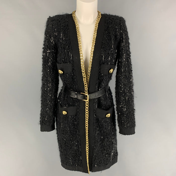 MARC JACOBS Size M Black Gold Polyvinyl Blend Tweed Belted Coat