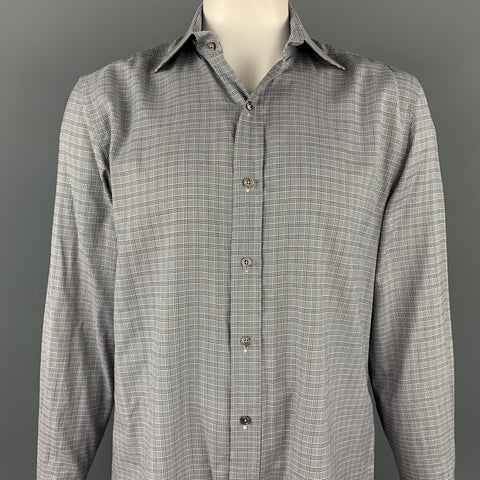 TOM FORD Size XL Black & White Plaid Cotton Button Up Long Sleeve Shirt