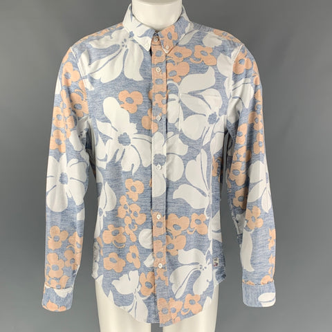 M.Nii Size M White & Navy Floral Cotton Button Down Long Sleeve Shirt