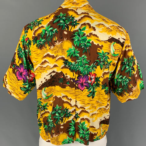 DSQUARED2 Size M Yellow Multi-Color Hawaiian Viscose Cropped Short Sleeve Shirt