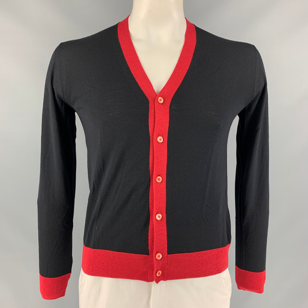 PRADA Size 36 Black Red Color Block Wool V-Neck Cardigan
