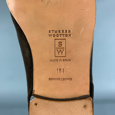 STUBBS & WOOTTON Size 10.5 Brown Dragonfly Motif Embroidery Velvet Slip On Loafers