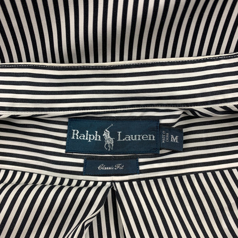 RALPH LAUREN Size M Black & White Stripe Cotton Nehru Collar Shirt