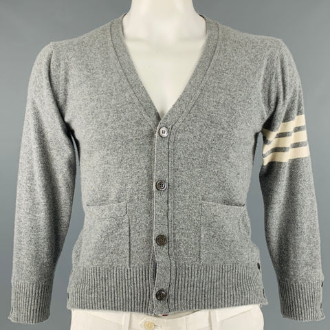 THOM BROWNE Taille L Cardigan Deux Poches en Cachemire Rayé Crème Gris