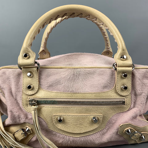 BALENCIAGA Rose & Beige Mixed Fabrics Leather Calf hair Handbag