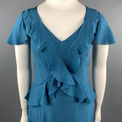 CAROLINA HERRERA Size 12 Teal Textured Ruffle V Neck Dress
