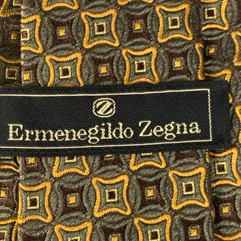 ERMENEGILDO ZEGNA Brown Gold Squares Silk Tie