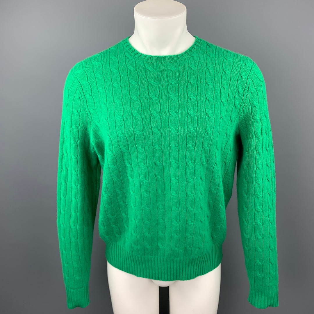 RALPH LAUREN Size M Green Cable Knit Cashmere Crew-Neck Sweater