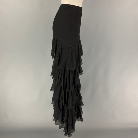 RALPH LAUREN Collection Size 10 Black Silk Ruffled Asymmetrical Long Skirt