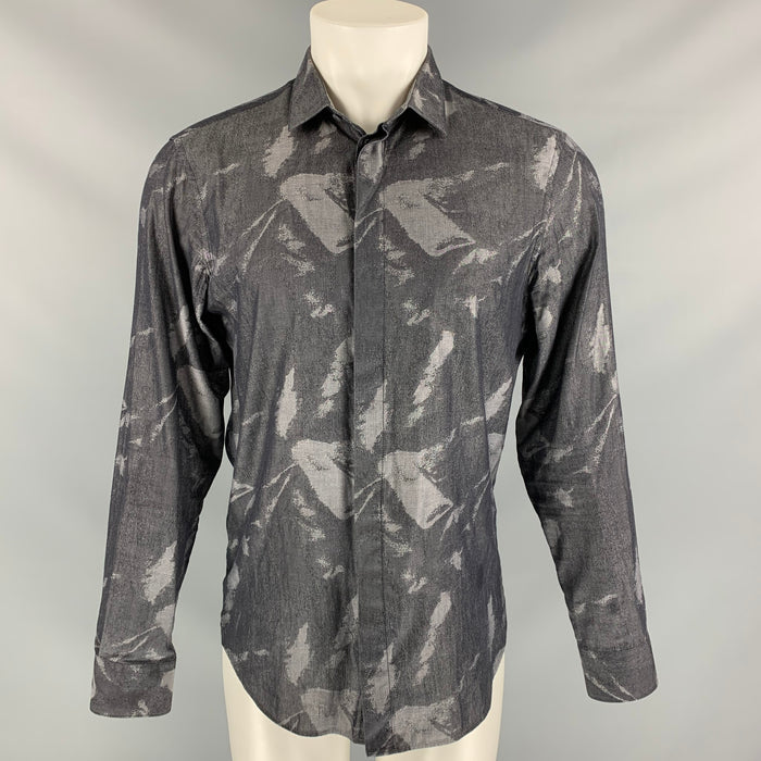 EMPORIO ARMANI Talla M Camisa Manga Larga Algodón Estampado Gris Antracita