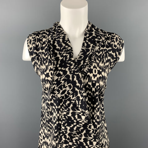 ETRO Talla 12 Blusa sin mangas con volantes de seda Ikat en blanco y negro